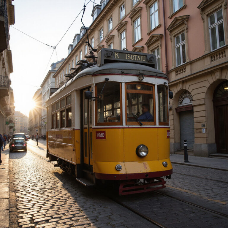 Tramwaj w Ołomuńcu przejeżdżający obok zabytkowych kamienic, transport publiczny w Ołomuńcu