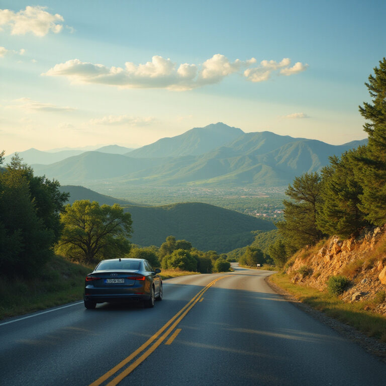 samochód na drodze do Puli z widokiem na góry i zielone krajobrazy