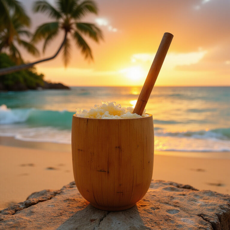 Tuba – tradycyjny filipiński napój palmowy serwowany w bambusowym kubku na tle plaży