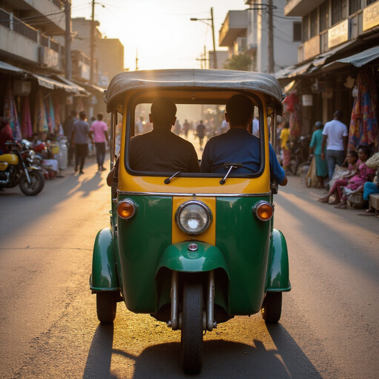 Tuk-tuk na ulicy w Mombasie z widocznym kierowcą i pasażerami