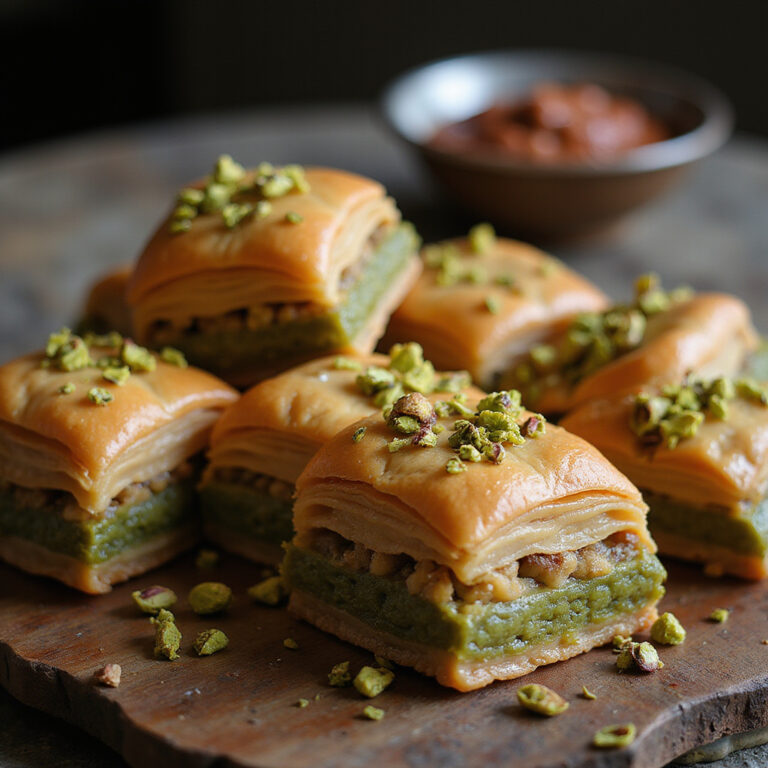 Turecka baklava z pistacjami na drewnianym stole