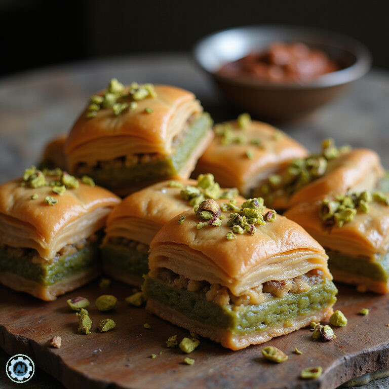 Turecka baklava z pistacjami na drewnianym stole