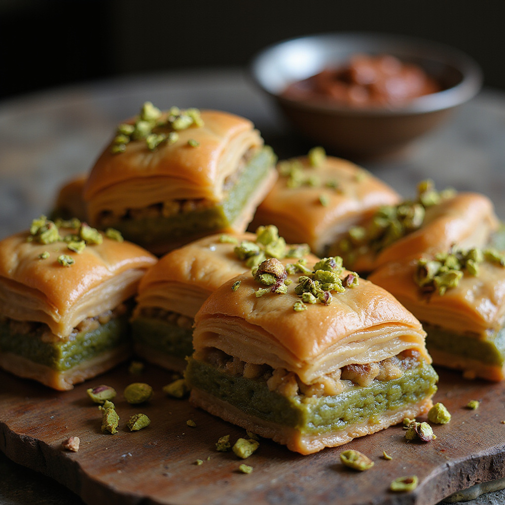 Turecka baklava z pistacjami na drewnianym stole