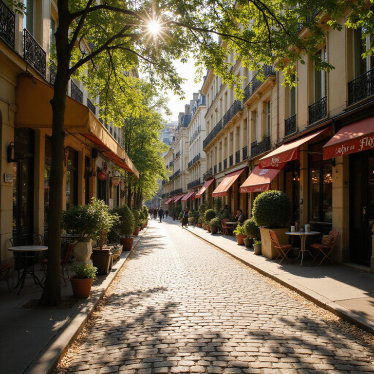 Ulica w Paryżu prowadząca do Café de Flore, słoneczny dzień, filozoficzne ścieżki Paryża