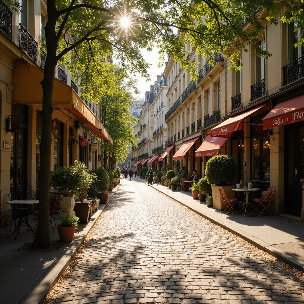 Ulica w Paryżu prowadząca do Café de Flore, słoneczny dzień, filozoficzne ścieżki Paryża