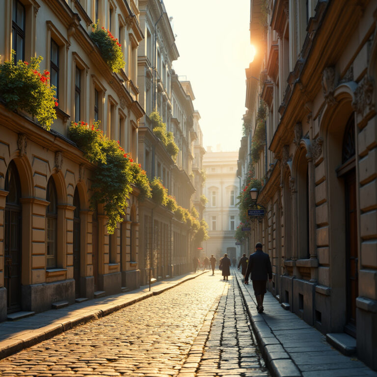 Ulica w Warszawie prowadząca do Muzeum Powstania Warszawskiego, otoczona zabytkowymi kamienicami