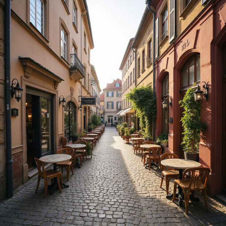 Ulica w Hradec Králové z zabytkowymi budynkami i kawiarniami