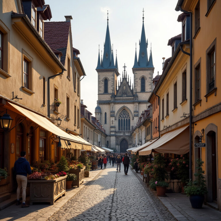 Ulica w Kutnej Horze z widokiem na gotycką katedrę św. Barbary, zabytkowa architektura i brukowany rynek