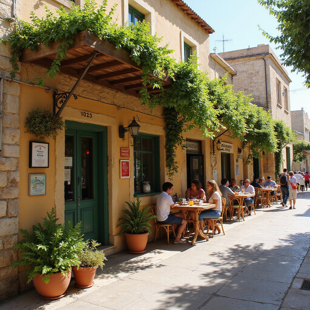 Ulica w Larnace z lokalną tawerną serwującą dania wegetariańskie