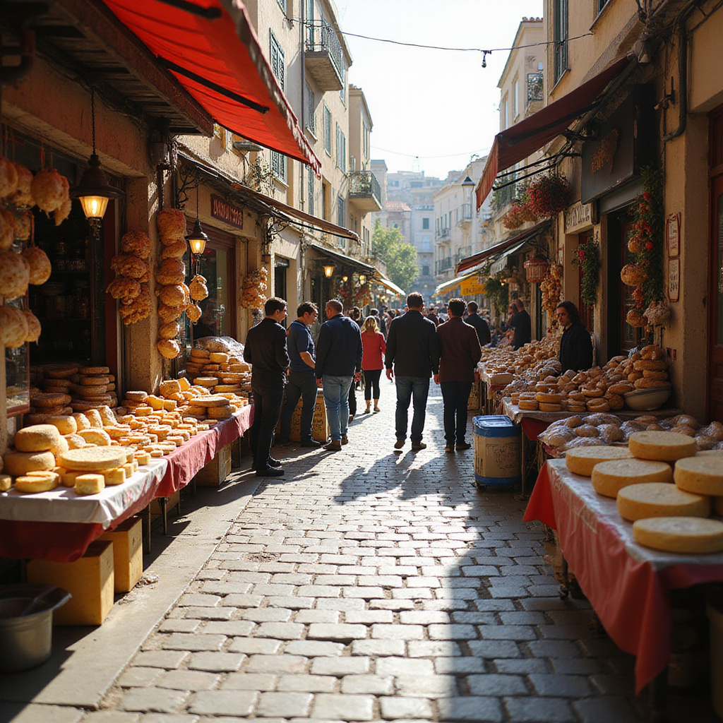 Ulica w Nikozji z lokalnym targiem i straganami z serem