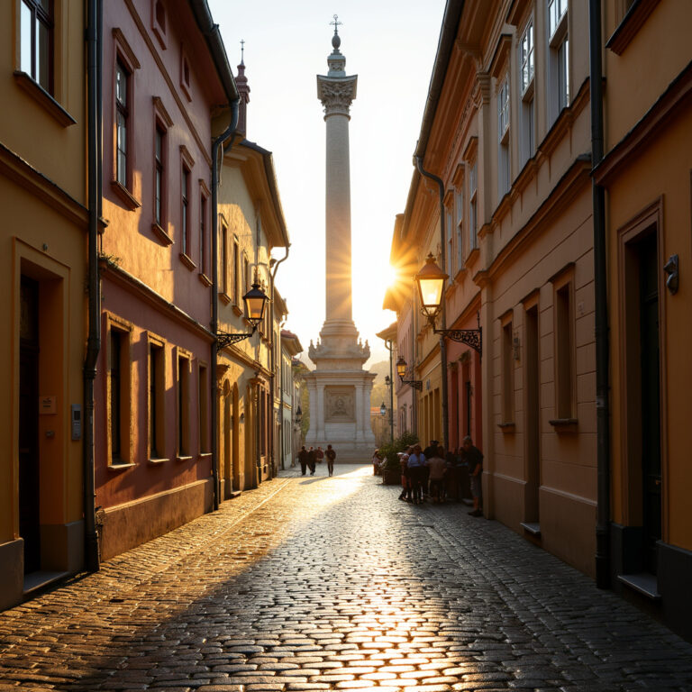 Ulica w Ołomuńcu z widokiem na Kolumnę Trójcy Świętej, idealna na zdjęcia