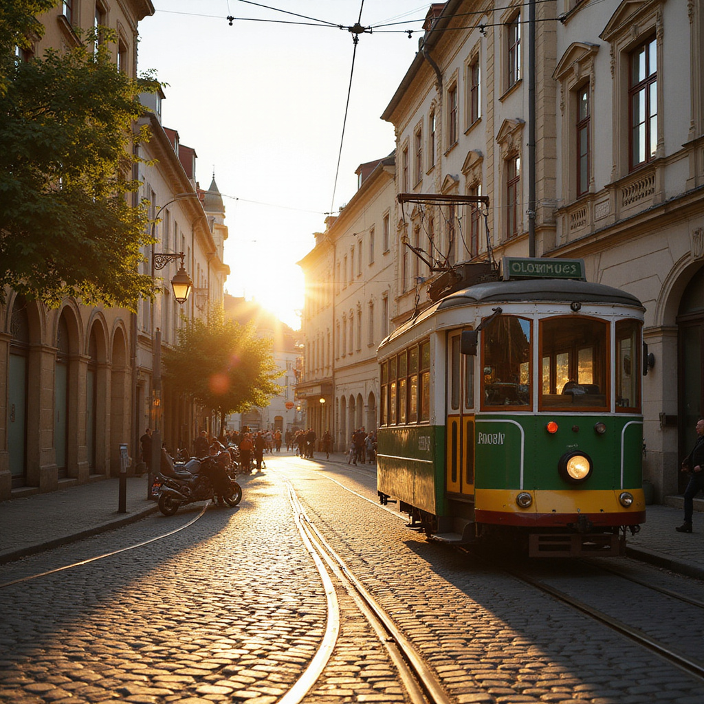 Ulica w Ołomuńcu z widokiem na tramwaj i historyczne budynki