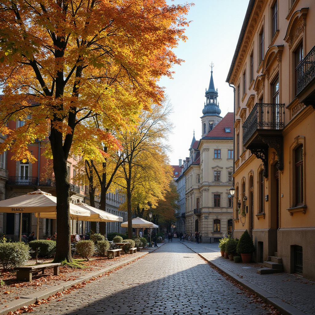 Ulica w Pradze w okolicach Ściany Johna Lennona z widokiem na zabytkowe kamienice