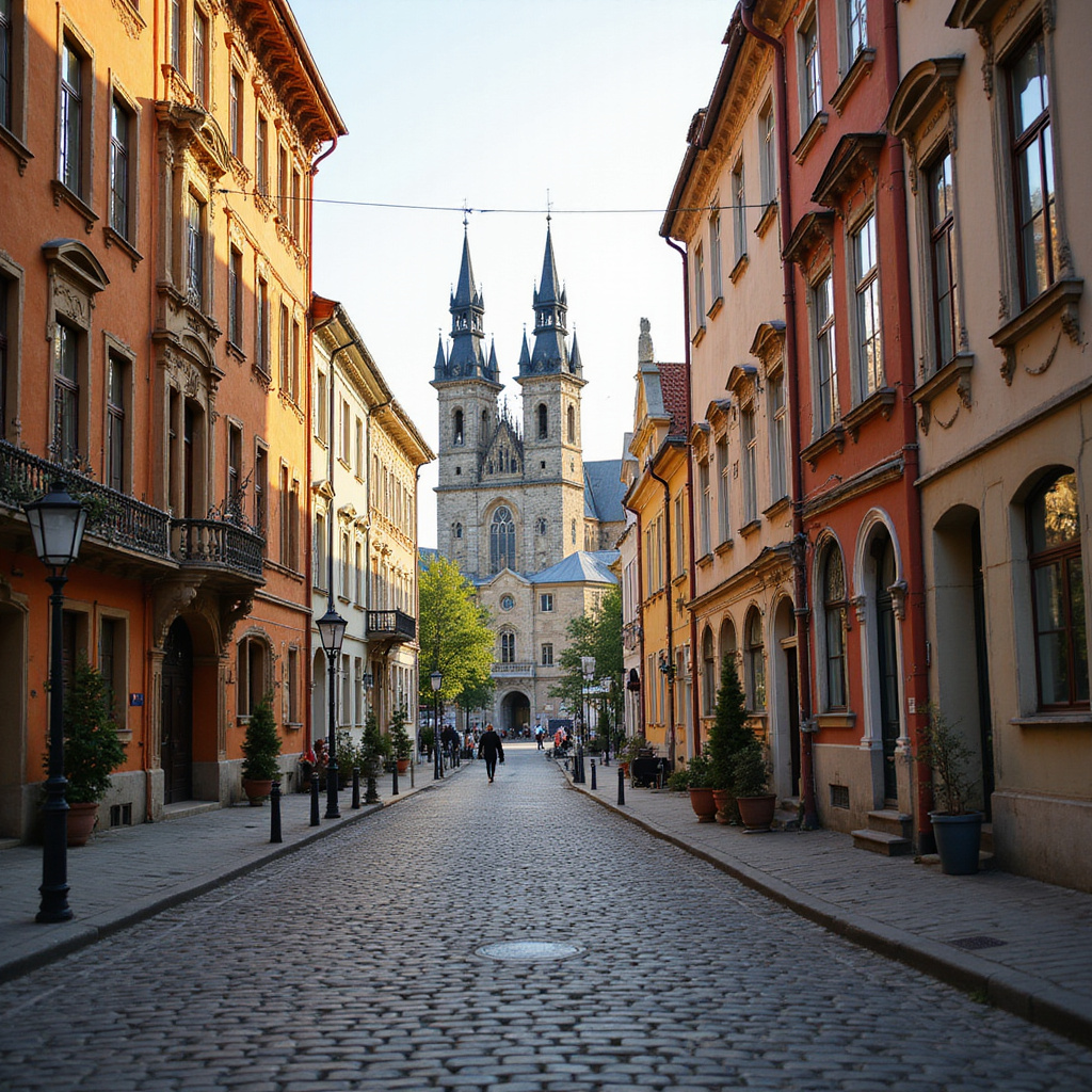 Ulica w Rydze prowadząca do Katedry Ryskiej z widocznymi zabytkowymi kamienicami