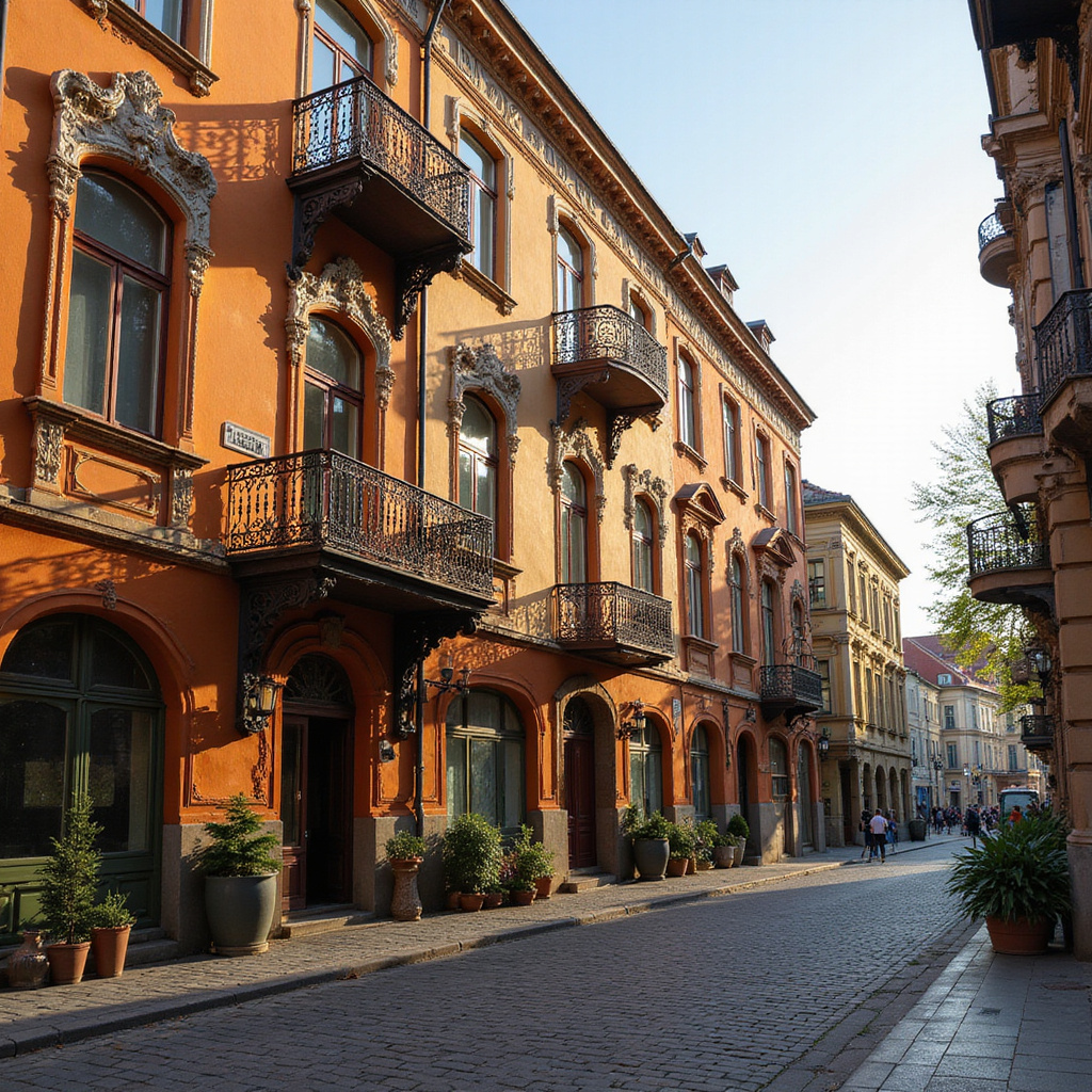 ulica w Rydze z secesyjnymi kamienicami i charakterystycznymi balkonami