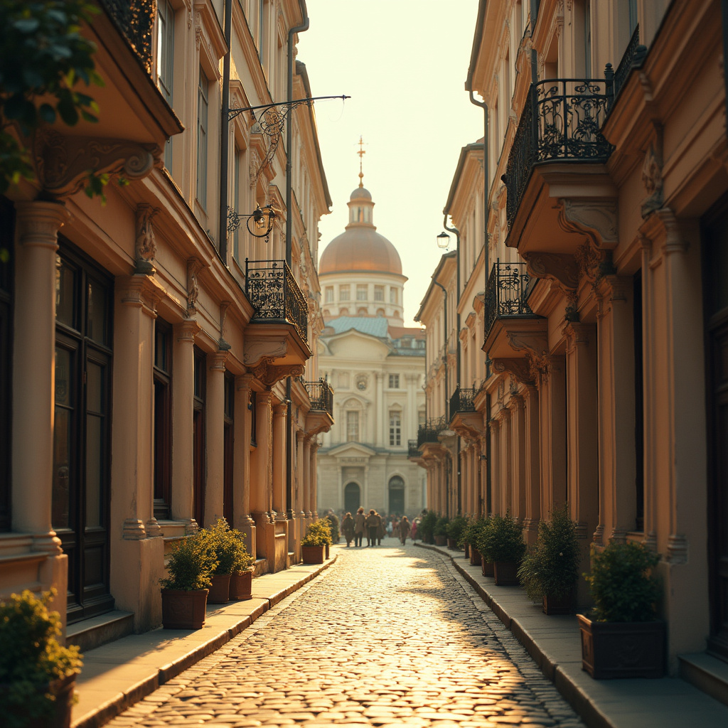 Ulica w Rydze prowadząca do Muzeum Porcelany, otoczona secesyjnymi kamienicami