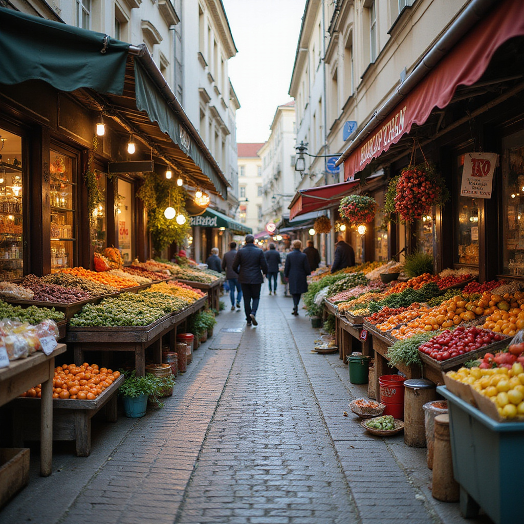 Ulica w Rydze z lokalnymi straganami pełnymi świeżych produktów