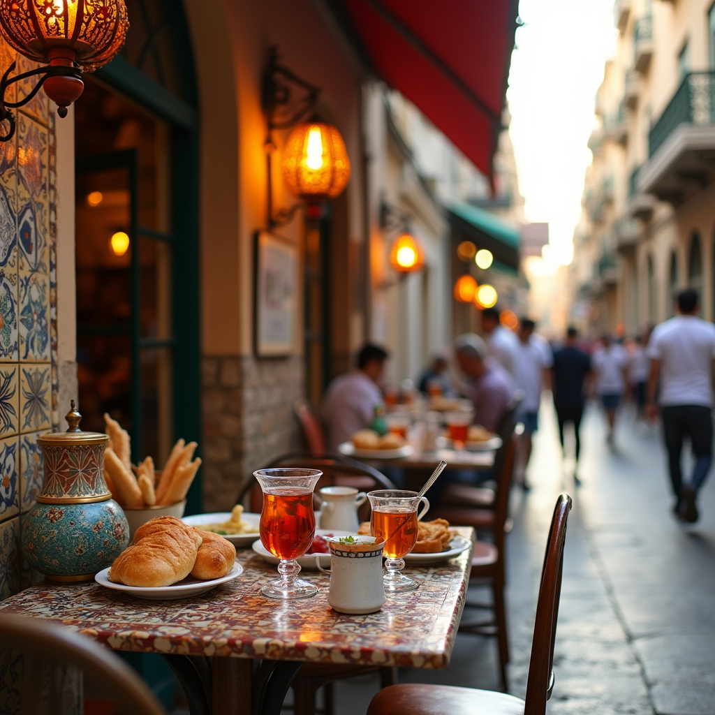 Ulica w Tunisie z kawiarnią serwującą tradycyjne tunezyjskie śniadanie, herbata miętowa i świeże pieczywo
