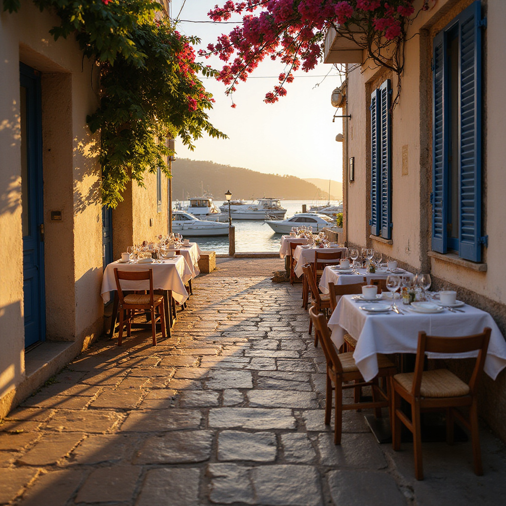 Uliczka w Volos z widokiem na port i tawerny serwujące owoce morza