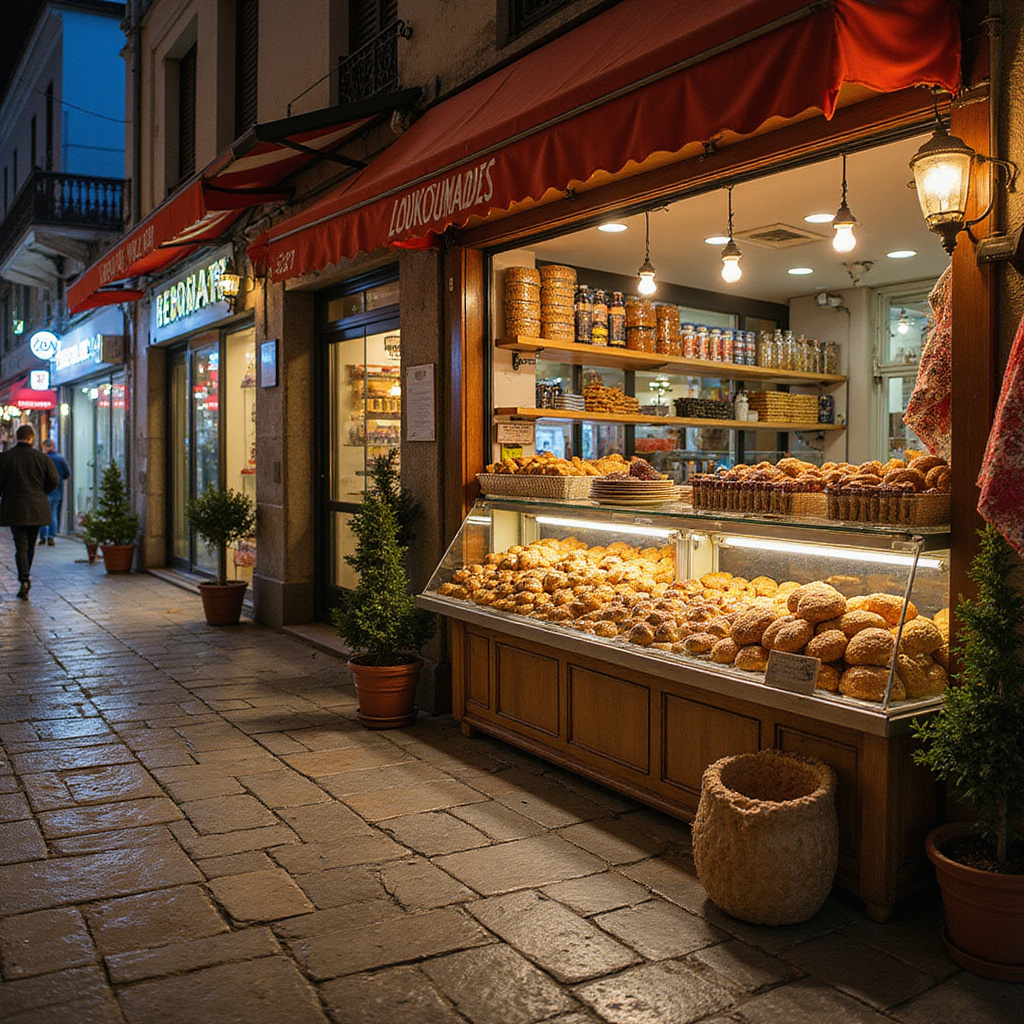 Ulica w Volos z cukiernią serwującą loukoumades, greckie przysmaki