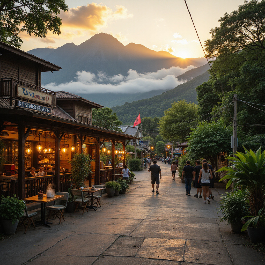 Ulica w Davao z kawiarnią i widokiem na góry