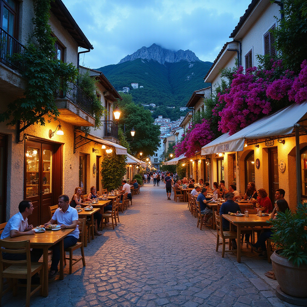 Ulica w Volos z tradycyjnymi tawernami i widokiem na górę Pelion