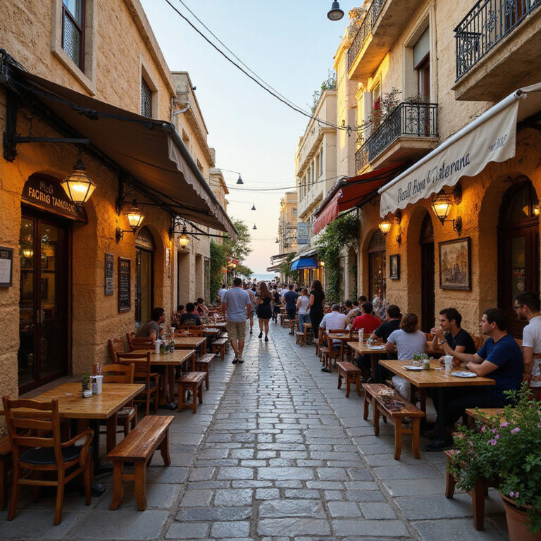 Ulica w Larnace z tradycyjnymi tawernami i lokalnymi smakami Cypru