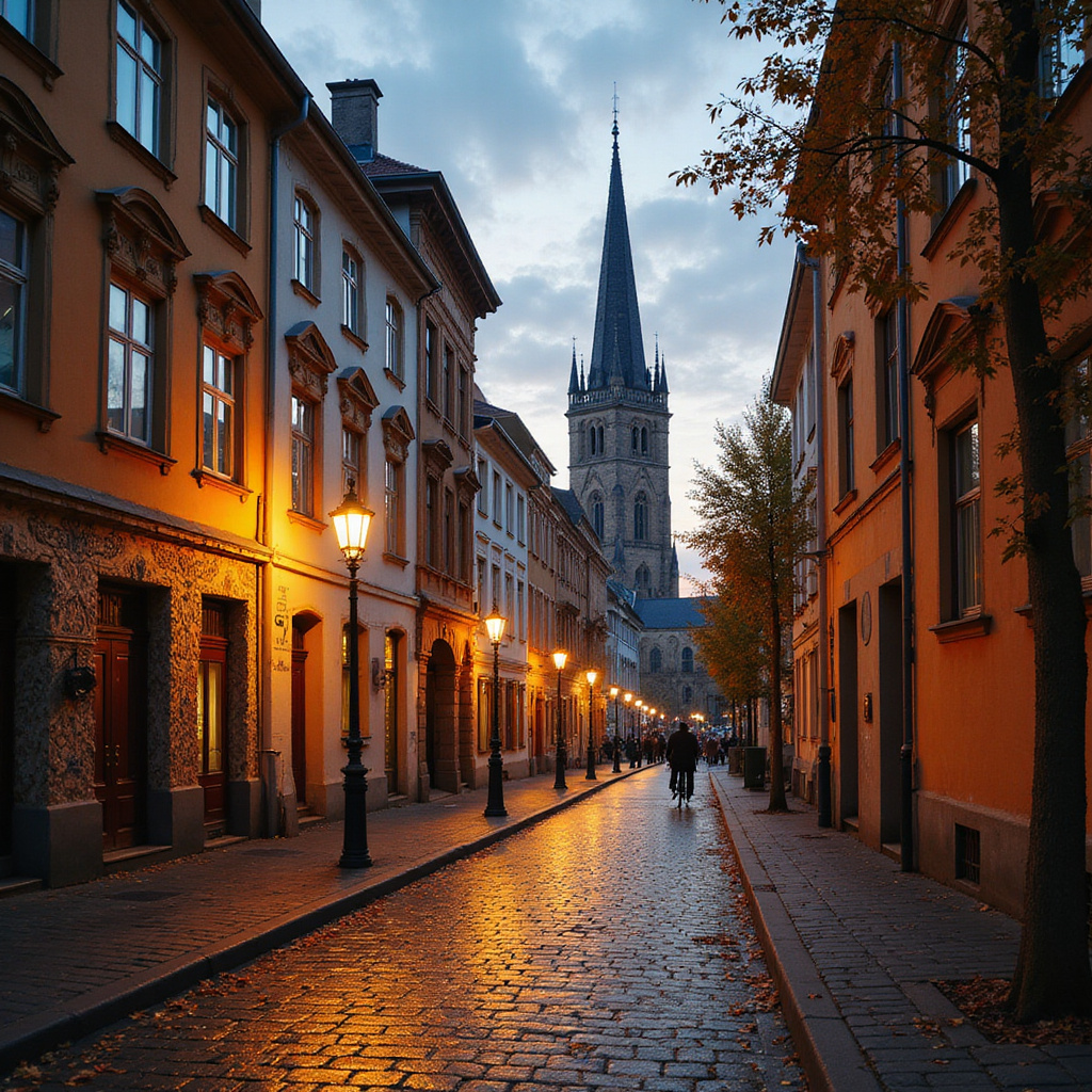Ulica w Rydze z widokiem na zabytkowe kamienice i wieżę kościoła