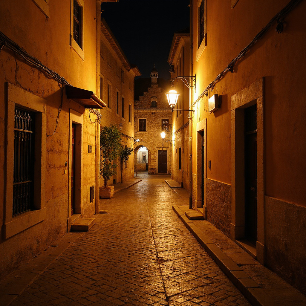 Uliczka w Splicie przy Pałacu Dioklecjana, oświetlona nocą