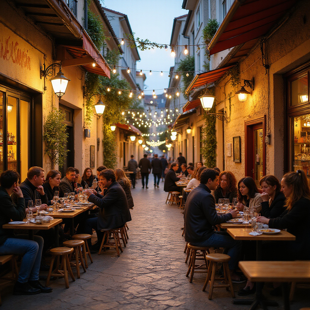 Ulica w Volos z klimatycznymi tsipouradika, gdzie mieszkańcy spotykają się przy stole