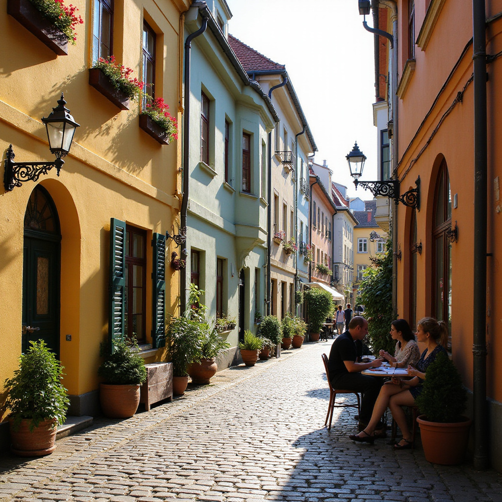 Uliczka w Ołomuńcu z kolorowymi kamienicami i kawiarniami