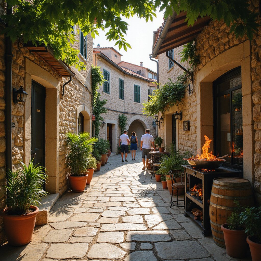 Urokliwa uliczka w Dalmacji z lokalną konobą serwującą pekę