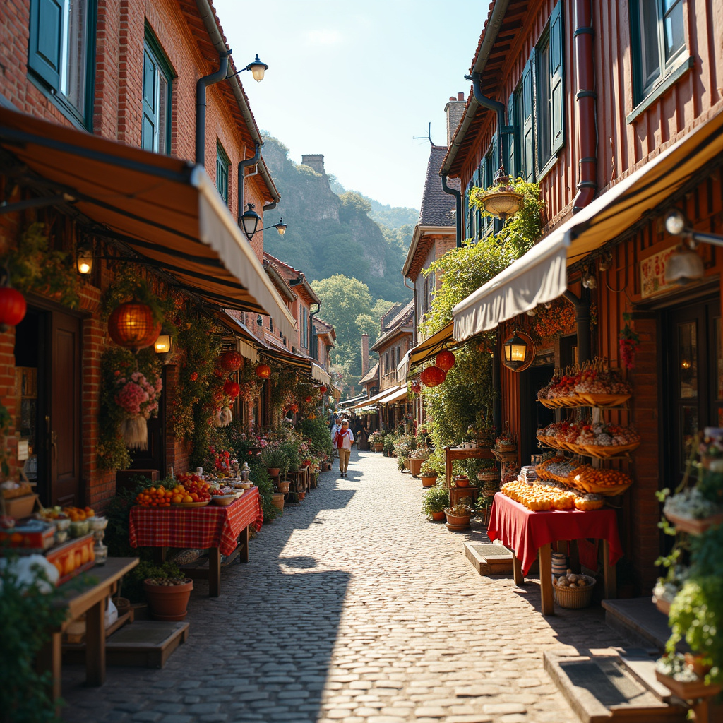 Uliczka w Kuldīdze z widokiem na targowe stoiska i zabytkowe budynki