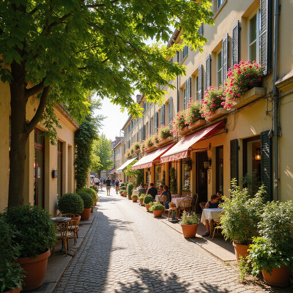 Urokliwa uliczka w Pauillac z lokalnymi sklepikami i restauracjami