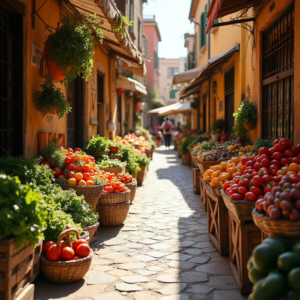 Uliczka w Tunisie z lokalnymi straganami oferującymi świeże warzywa i owoce, idealne do kuchni halal