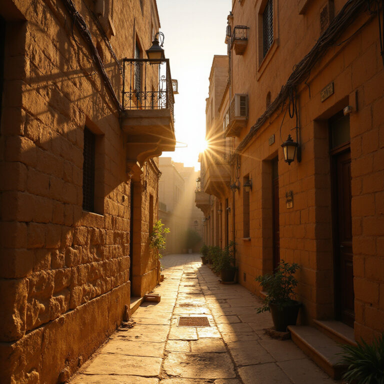Wąskie uliczki Dzielnicy Koptyjskiej w Kairze z widocznymi starożytnymi murami