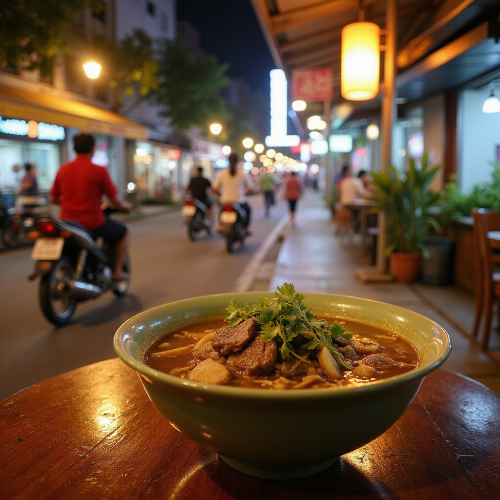 Uliczna scena w Ho Chi Minh City z lokalną restauracją serwującą Pho