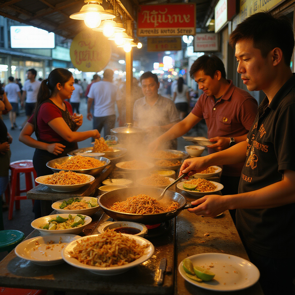 Uliczny stragan z Pad Thai w Bangkoku, otoczony lokalnymi mieszkańcami