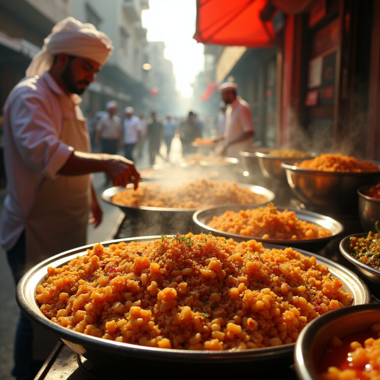 Uliczny stragan z egipskim jedzeniem, serwujący tradycyjne dania takie jak koshary