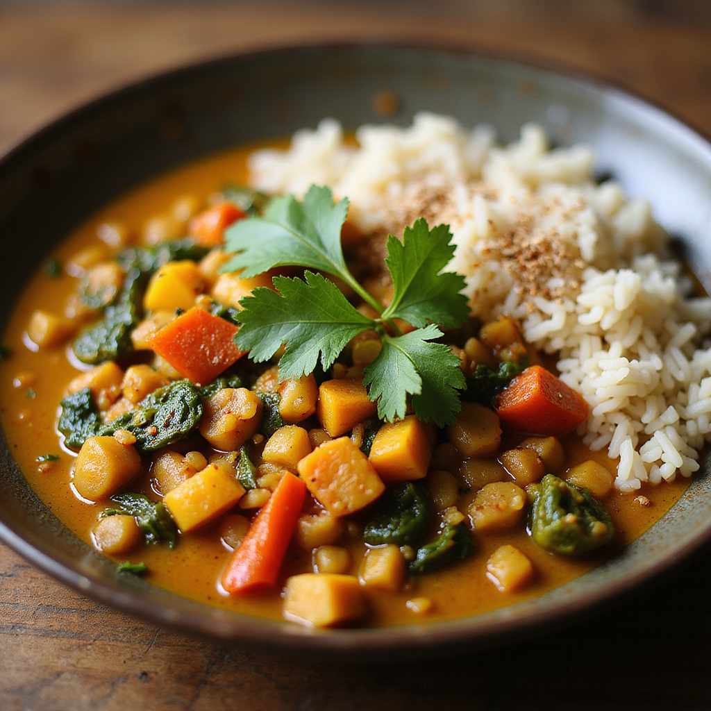Wegetariańskie curry z soczewicą i warzywami na talerzu