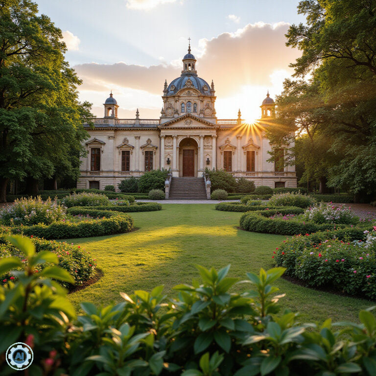 Widok na pałac Rundale otoczony zielenią, barokowa architektura