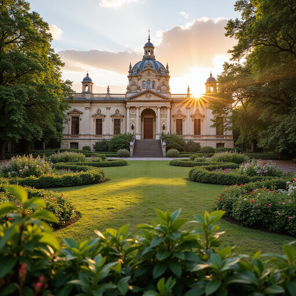 Widok na pałac Rundale otoczony zielenią, barokowa architektura
