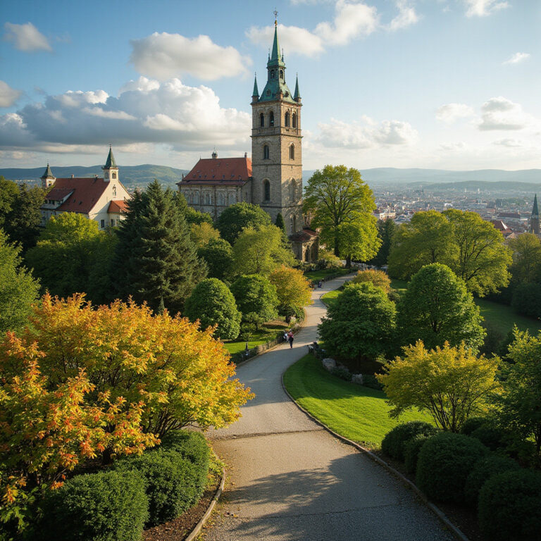 Wzgórze Petřín w Pradze z widokiem na wieżę widokową i zielone ogrody
