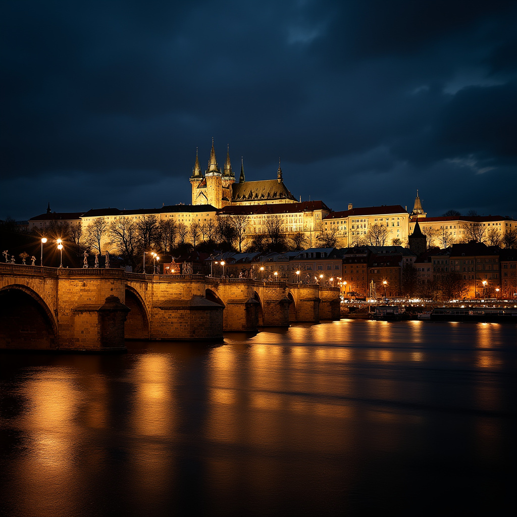 Widok na oświetlony Zamek Praski z Mostu Karola w nocy