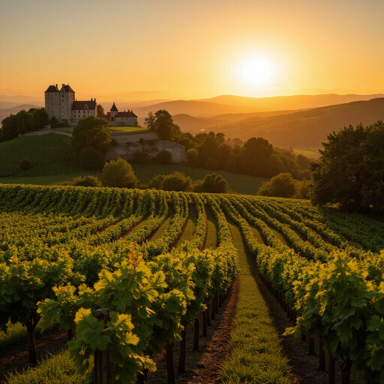 Winnice Médoc z rzędami winorośli i zabytkowym château w tle