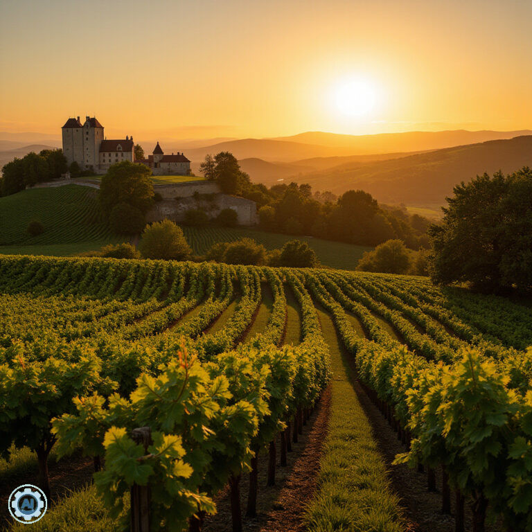 Winnice Médoc z rzędami winorośli i zabytkowym château w tle