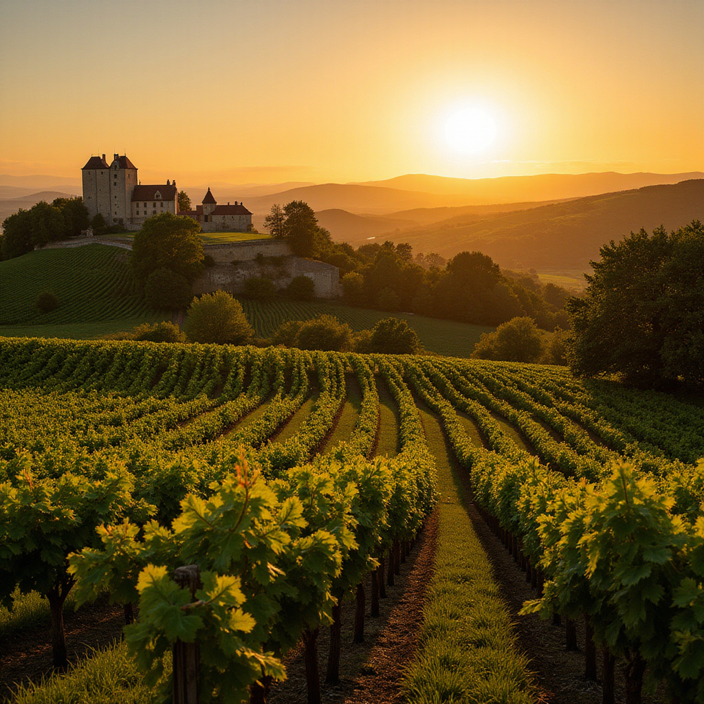 Winnice Médoc z rzędami winorośli i zabytkowym château w tle