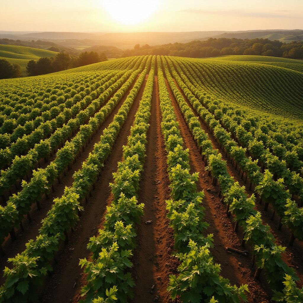 Winnice Bordeaux rozciągające się po horyzont z zielonymi krzewami winorośli