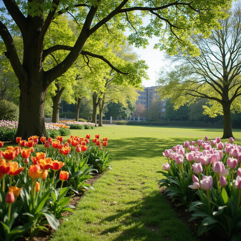 Wiosenny park w Lille z kwitnącymi kwiatami i zielonymi drzewami