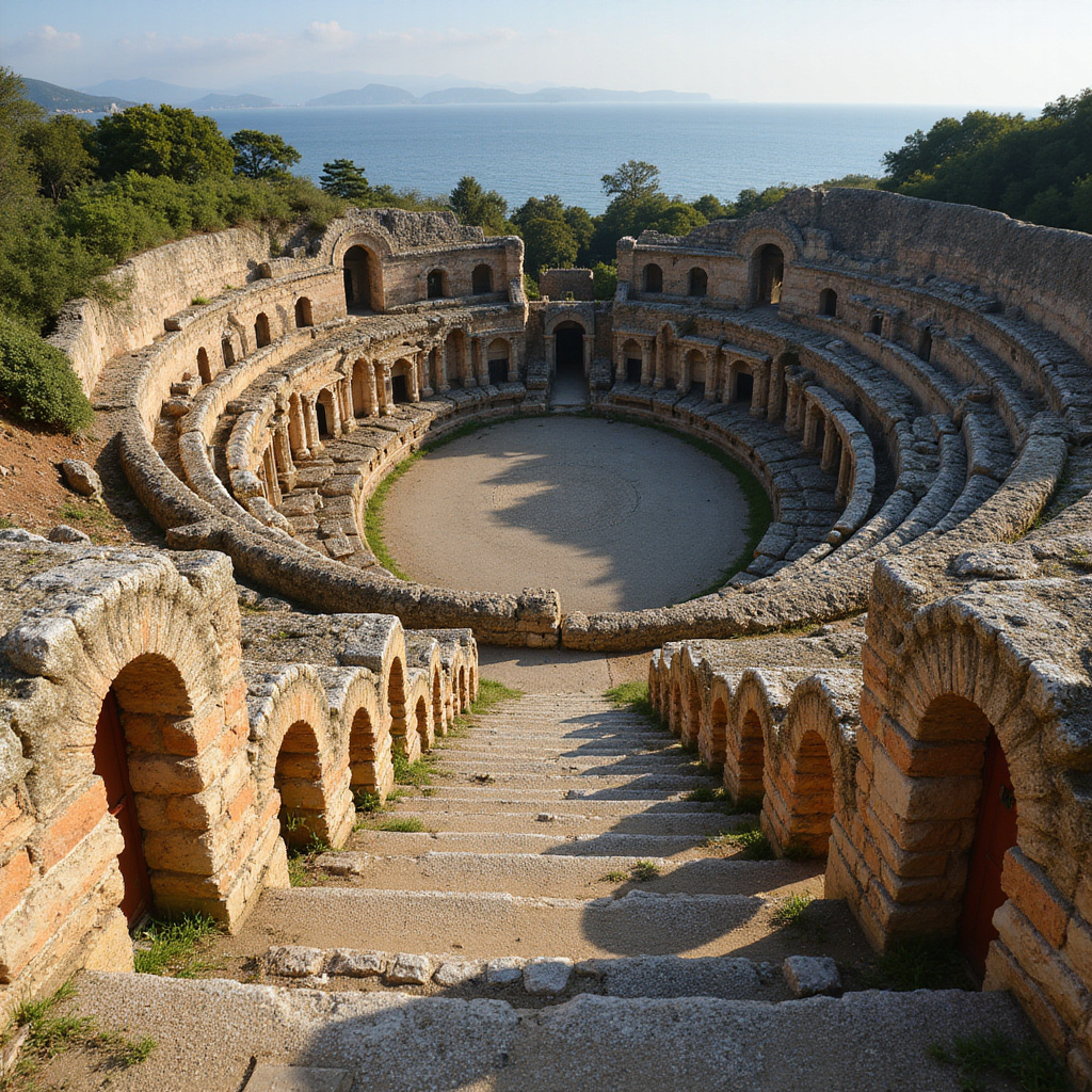 Widok na starożytne mury amfiteatru w Puli z perspektywy turysty